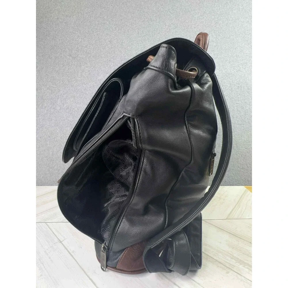 BREE Germany Leather Backpack Purse Black Brown Two Tone Drawstring Flap Bag VTG